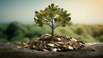 Geld blüht. Baum blühend auf ein Stapel von Kasse zum Investition und finanziell Wachstum Konzepte foto