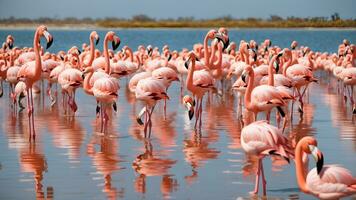 ein faszinierend fotografieren von ein anmutig Herde von Flamingos waten im das schimmernd Wasser von ein makellos Salzwasser Lagune, verkörpert Eleganz und natürlich Pracht gefangen im ein rahmen. ai generiert foto