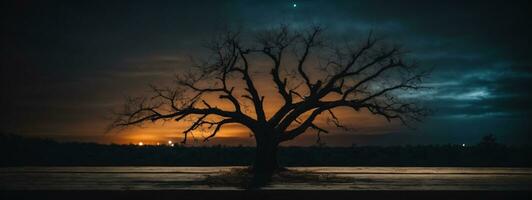 alt Holz Tabelle und Silhouette tot Baum beim Nacht zum Halloween Hintergrund.. ai generiert foto