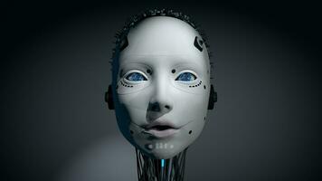Vorderseite Aussicht von Kopf von weiblich Humanoid Roboter mit Weiß glühend Plastik Haut, Blau Augen und beleuchtet Schaltung im ihr Schädel. 3d Illustration foto