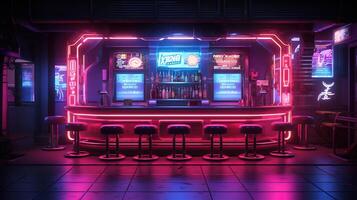 generativ ai, Cyberpunk Stil Bar oder Cafe. Nacht Szene von groß Stadt, futuristisch nostalgisch 80er, 90er. Neon- Beleuchtung beschwingt Farben, fotorealistisch horizontal Illustration. foto