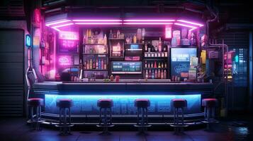 generativ ai, Cyberpunk Stil Bar oder Cafe. Nacht Szene von groß Stadt, futuristisch nostalgisch 80er, 90er. Neon- Beleuchtung beschwingt Farben, fotorealistisch horizontal Illustration. foto