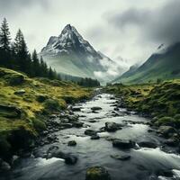 schön Landschaft von Berge, fließend Flüsse und Täler im das Hochland, großartig zum Webseiten, Blogs, Hintergründe, Geschäft usw. Bild von generativ ai foto