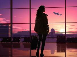 Geschäftsfrau Tragen Gepäck Gehen um mit Handy, Mobiltelefon Telefon im das Flughafen foto