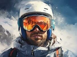 ein Skifahrer tragen Ski Brille und ein Ski Helm foto