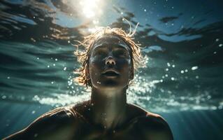 ein Schwimmer durchführen ein tauchen im ein Schwimmen Schwimmbad foto