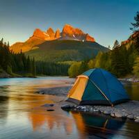 Panorama- Aussicht mit Camping Zelte im Fluss, Berge und Wald Bereich Konzept im Winter, Sommer- und Frühling. gut zum Webseiten, Blogs, Sozial Medien, Werbung, Geschäft usw. ai generiert Bild foto