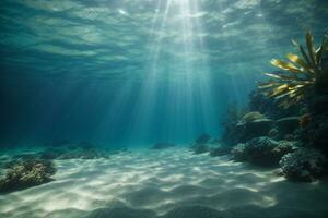 unter Wasser Hintergrund tief Blau Meer und schön Licht Strahlen mit sandig Boden. ai generiert foto