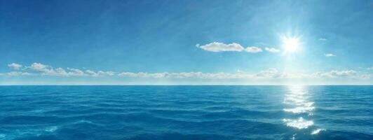 Blau Ozean Panorama mit Sonne Betrachtung, das riesig öffnen Meer mit klar Himmel, Welligkeit Welle und Ruhe Meer mit schön Sonnenlicht. ai generiert foto