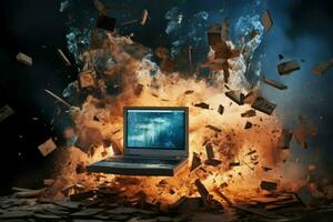 destruktiv Computer Desktop explodiert. generieren ai foto