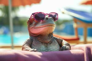 Baby süß Dinosaurier im Sonnenbrille. generieren ai foto
