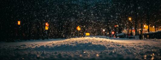 fallen Schnee Nieder auf das schwarz Hintergrund.. ai generiert foto