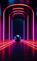 3d machen. geometrisch Zahl im Neon- Licht gegen ein dunkel Tunnel. Laser- glühen.. ai generiert foto