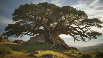 zeitlos Majestät, ein zauberhaft Porträt von das majestätisch Größe und Elastizität von ein uralt knotig Baum Stehen hoch inmitten das Alter. ai generiert foto