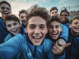 Erstellen glücklich Erinnerungen Gruppe von jung Männer im Sport Kleidung nehmen Selfie und lächelnd während Stehen draußen, generativ ai foto