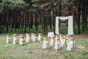 Hochzeitszeremonie im Wald zwischen den Bäumen auf dem grünen Weg foto