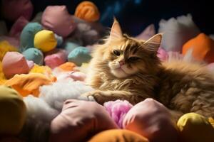 Haustier Tiere dösen auf flauschige Wolke Betten im ein verzaubert Welt foto