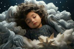 Babys Nickerchen machen auf Wolken umhüllt im Magie und wunderlich Traumlandschaften foto