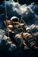 ein Raumfahrer suspendiert auf ein Wolke im still Schlaf isoliert auf ein Nebel Gradient Hintergrund foto