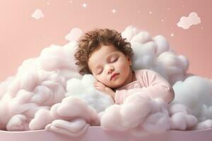 ein Baby ruhig Nickerchen machen auf ein wunderlich Wolke Bett isoliert auf ein Pastell- Gradient Hintergrund foto