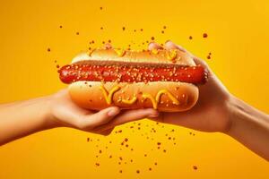 kulinarisch Hand nehmen Hotdog. generieren ai foto