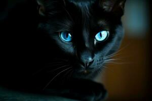 glatt schwarz Katze Blau Augen. generieren ai foto