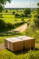 Post- Service, Zuhause Lieferung und online Einkaufen, Paket Box im das Landschaft auf ein sonnig Tag, generativ ai foto