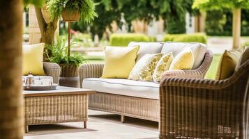 Garten Möbel im das Landschaft im Sommer, Zuhause Dekor und Innere Design, generativ ai foto