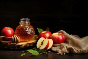 Honig im ein Krug, Äpfel und Honig Schöpflöffel auf hölzern Hintergrund, Apfel und Honig, traditionell Essen von jüdisch Neu Jahr rosh Hashana. Kopieren Raum Hintergrund, ai generiert foto