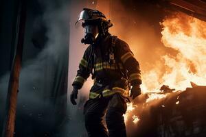 generativ ai. Helden von das Flammen realistisch Feuerwehrleute kämpfen tobt Inferno foto