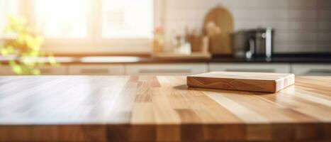 generativ ai. minimalistisch Eleganz leeren hölzern Tabelle im Küche mit verschwommen Hintergrund foto