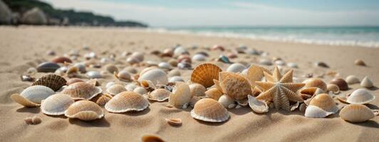 Muscheln auf Strand - - Strand Urlaub Hintergrund. ai generiert foto