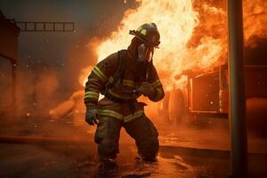 generativ ai. Helden von das Flammen realistisch Feuerwehrleute kämpfen tobt Inferno foto