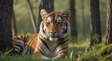 Porträt von ein Lügen Tiger im das Holz foto