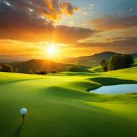 Golf Bälle im ein riesig Wiese mit exotisch natürlich Schönheit und Sonnenuntergang Objekte, großartig zum Sport, Webseiten, Hobbys, Blogs, Geschäft, Unternehmen usw. ai generiert Bild Konzept foto