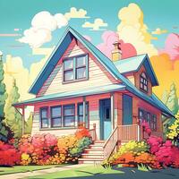 ein Haus Dach ist bunt Illustration von ein Süss Zuhause Grafik Hintergrund foto