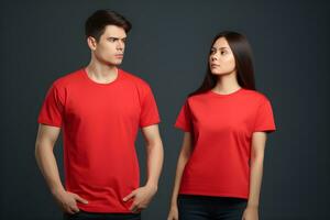 generativ ai. leer rot T-Shirt Attrappe, Lehrmodell, Simulation auf männlich und weiblich Modell- Vitrine Ihre Designs im Stil foto