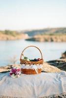 Picknick in der Natur mit einem Korb mit leckeren Produkten foto