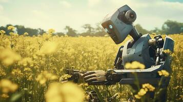 ein futuristisch Roboter Arbeiten im das Feld wie ein Farmer foto