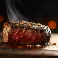 ein Steak auf ein Schneiden Tafel mit Kräuter und Gewürze. generativ ai. foto
