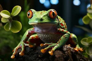 Grün Baum Frosch agalychnis Callidryas mit rot Auge. generativ ai. foto