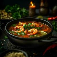 Tom Süßkartoffel Kung ,Garnele und Zitrone Suppe mit Pilze, thailändisch Essen im Schüssel. generativ ai. foto