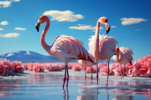 schließen oben von schön afrikanisch Flamingos Das sind Stehen im immer noch Wasser mit Betrachtung. generativ ai. foto