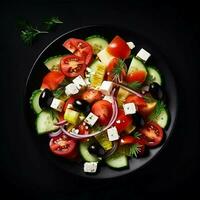 gesund Grün Salat mit frisch Tomate, Gurke, rot Zwiebel und Grüner Salat im Schüssel auf dunkel Stein Hintergrund. oben Sicht. generativ ai. foto