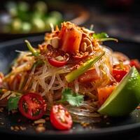 somtum oder Papaya Salat im thailändisch auf hölzern Tabelle .Grün Papaya Salat im Teller auf dunkel hölzern Hintergrund.thai Essen Konzept. generativ ai. foto