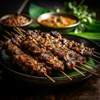 schließen oben thailändisch gegrillt Schweinefleisch satay. thailändisch Lebensmittel. generativ ai. foto