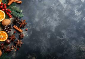 Weihnachten Hintergrund mit Kopieren Raum und festlich Dekorationen auf dunkel Grunge Hintergrund. generativ ai. foto