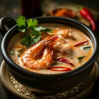 Tom Süßkartoffel Kung ,Garnele und Zitrone Suppe mit Pilze, thailändisch Essen im Schüssel. generativ ai. foto