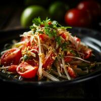 somtum oder Papaya Salat im thailändisch auf hölzern Tabelle .Grün Papaya Salat im Teller auf dunkel hölzern Hintergrund.thai Essen Konzept. generativ ai. foto