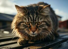 ein Nahansicht Schuss von ein Katze auffällig Gesicht. generativ ai foto